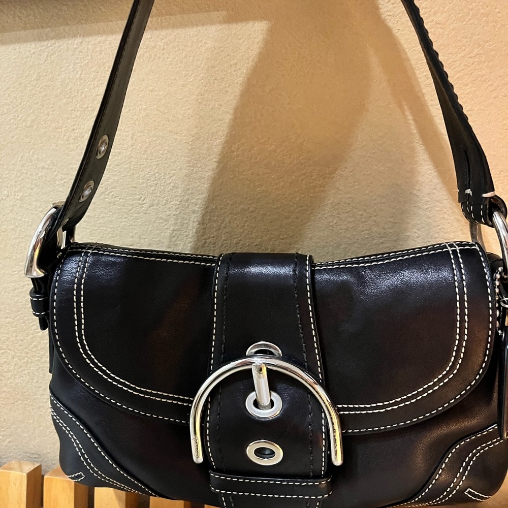 Coach Black Leather Shoulder Bag with Silver Accents